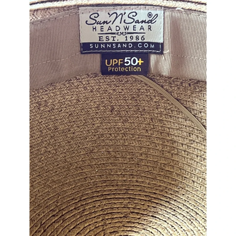 Sun N Sand Tan Straw Sun Hat Wide Brim UPF 50+ Beaded Stone Band Beach Hat Boho